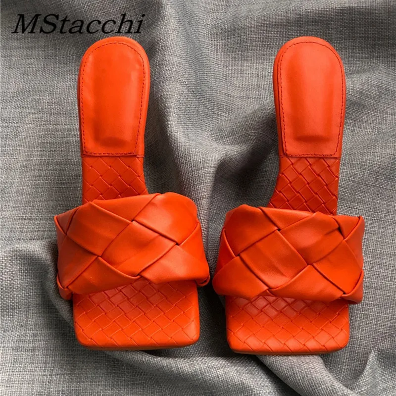 Женские тканые тапочки с квадратным носом босоножки без задника на высоком