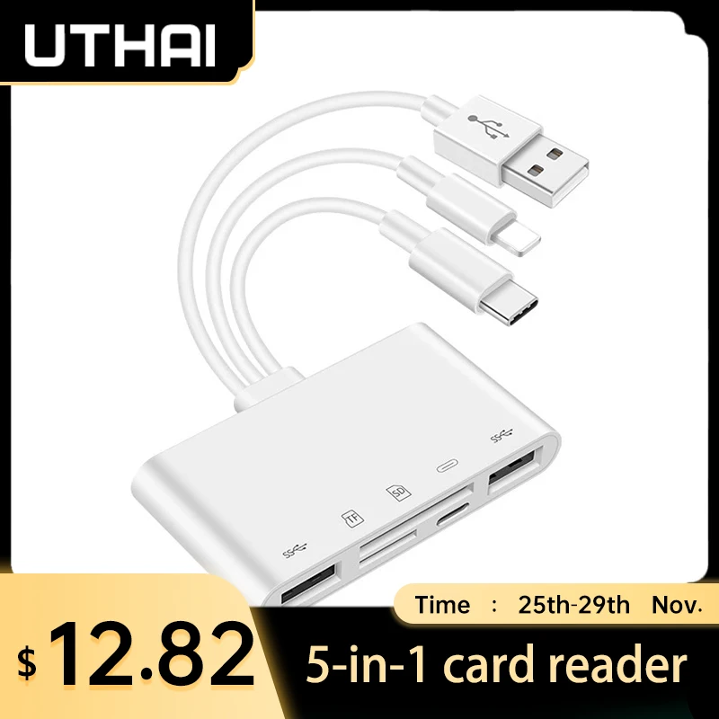 

USB-концентратор UTHAI C75, 5 в 1, USB 3,0, для iPhone, Android, планшетов, кардридер SD/TF, 500 мА, поддержка IOS13, USB-концентратор с разъемом Lightning