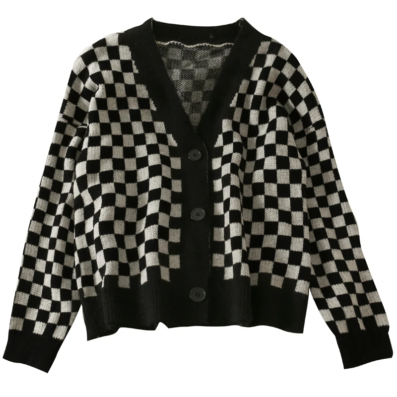 

Autumn retro single-breasted cardigan plaid knitted sweater women