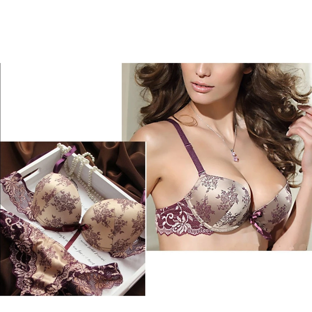 

2pcs Sexy Women Embroidery Lace Deep V Lingerie Push Up Bra Lace Bra+ See-through Panty&Knickers Bra & Brief Sets Kit