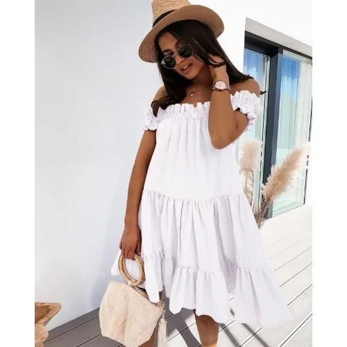 

Summer Dress Women 2021 Fashion Sexy One-line Collar Pure Color Kawaii Short Sleeve Beach Party Dresses Vestidos Largos Mujer