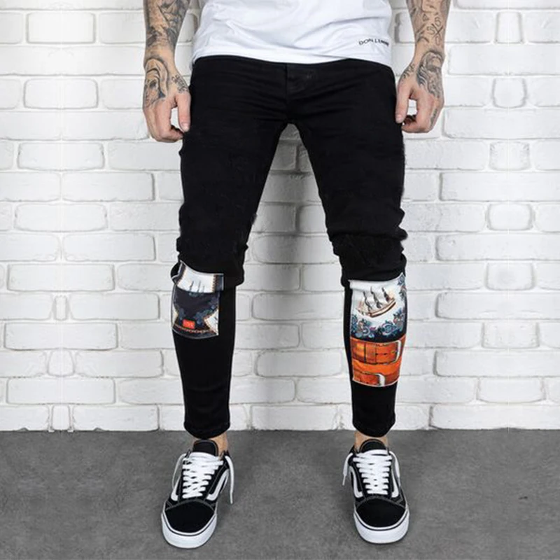 

2021 New Mens Black Jeans Printed Design Street Neutral Biker Trousers Classic Slim Small Feet Stretch Boyfriend Denim Pants