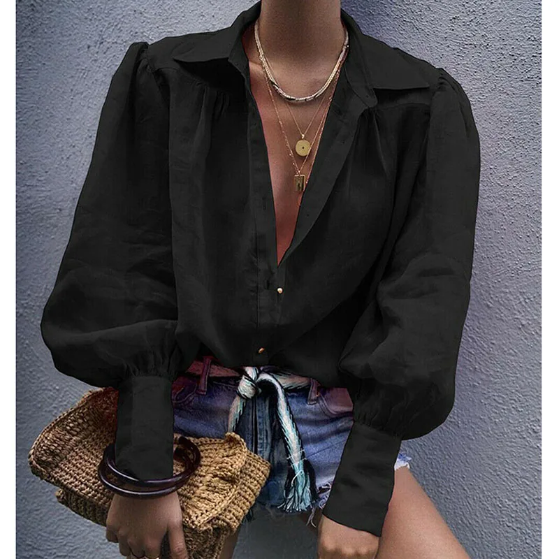 

Women Cotton Linen Casual Solid Tops Casual Long Lantern Sleeve Button Shirts Ladies Turn Down Collar Loose Top