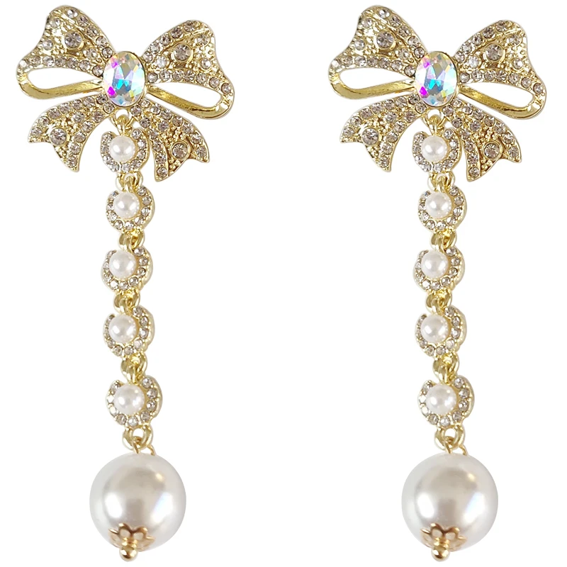 

S925 needle Delicate Bowknot Earrings Super Fairy Simulated Pearl High Quality Shiny Crystal Bling Bling Earrings For Girl Gifts