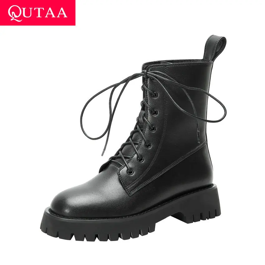 

QUTAA 2021 Square Heel Lace Up Ankle Boots Cow Patent Leather Quality Ladies Pumps Round Toe Autumn Winter Women Shoes Size34-39