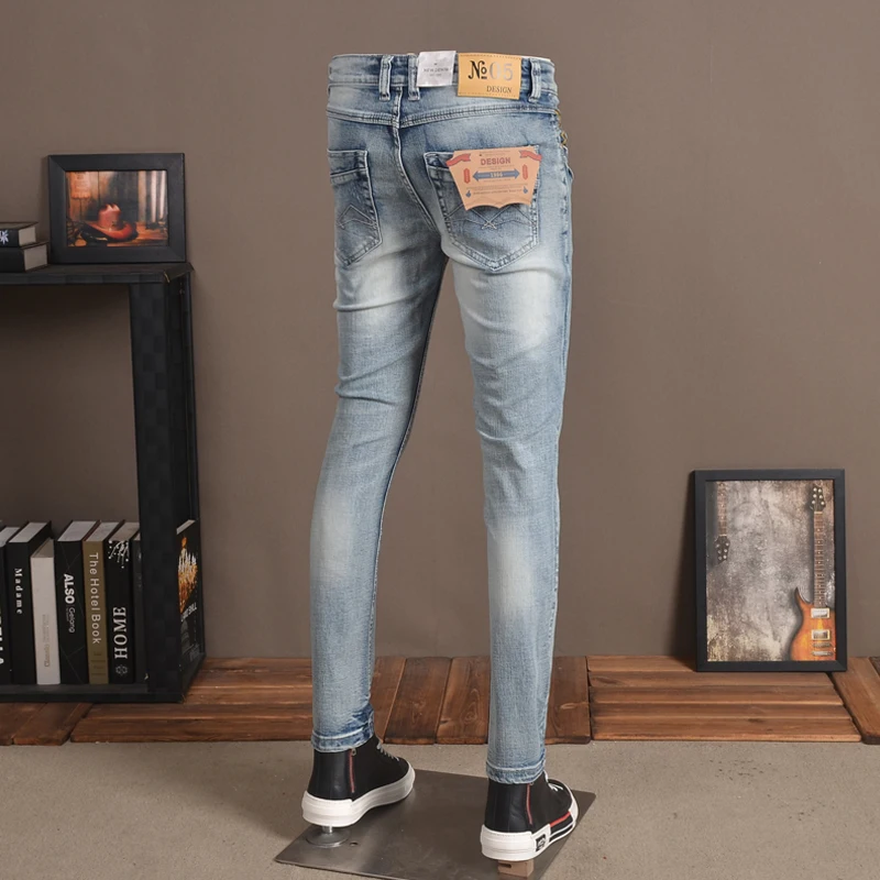 Men Blue Jeans Fashion Embroidery Cotton Slim Fit Pants Streetwear Ripped Stretch Denim Trousers
