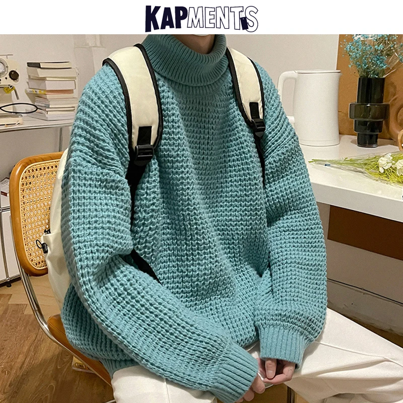 

KAPMENTS Men Turtleneck Harajuku Vintage Pullovers 2022 Mens Black Y2k Knitted Sweater Male Korean Fashion Streetwear Sweaters