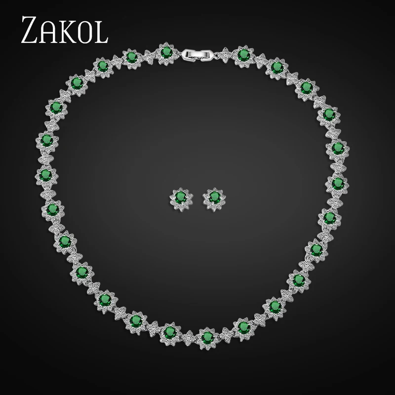 ZAKOL ослепительный AAA Круглый Цирконий цветок наборы свадебных ювелирных изделий для элегантных женщин вечерние платья FSSP121 - Окраска металла: Green
