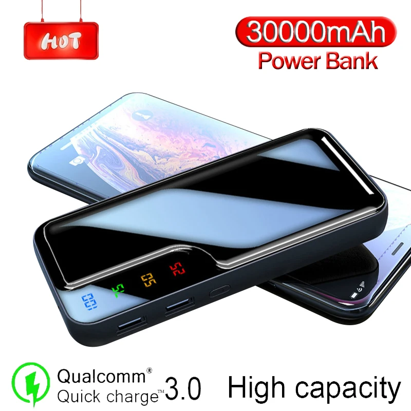 Внешний аккумулятор 30000 мАч цифровой дисплей с зеркальным экраном 2 USB быстрое