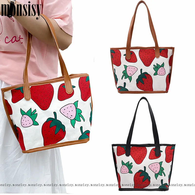 Monsisy Красивая парусиновая сумка для женщин 2020 девушек на плечо модная Клубничная