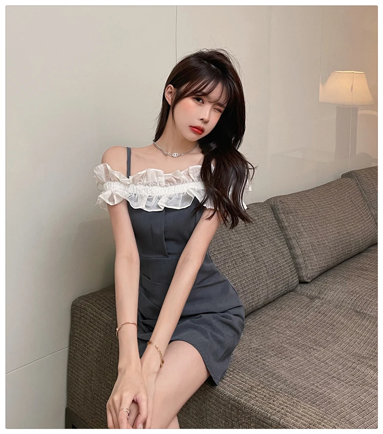 

Uulutonica Summer Women Elegant Fashion A-line Solid Sleeveless Flounced Edge Above Knee, Mini Spaghetti Strap Empire Dress