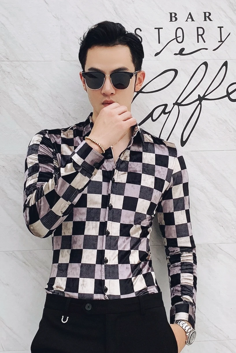 Рубашка мужская приталенная в клетку хлопок бархатная модная повседневная