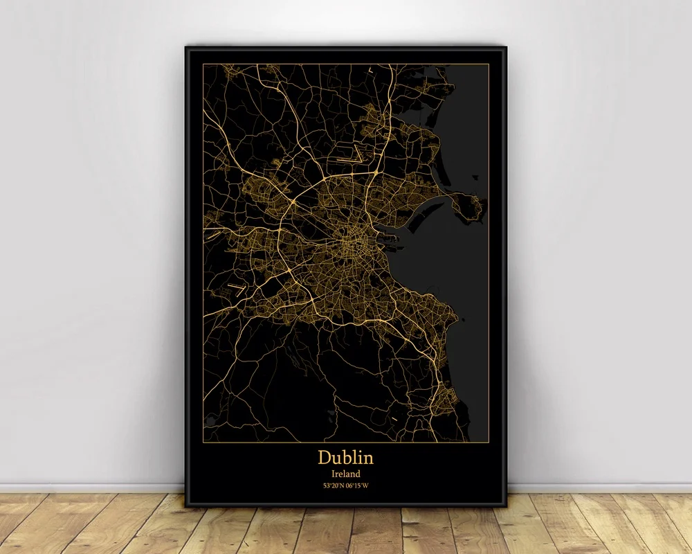 Черно-золотые светильник кие карты с изображением Дублина Ирландии настенные