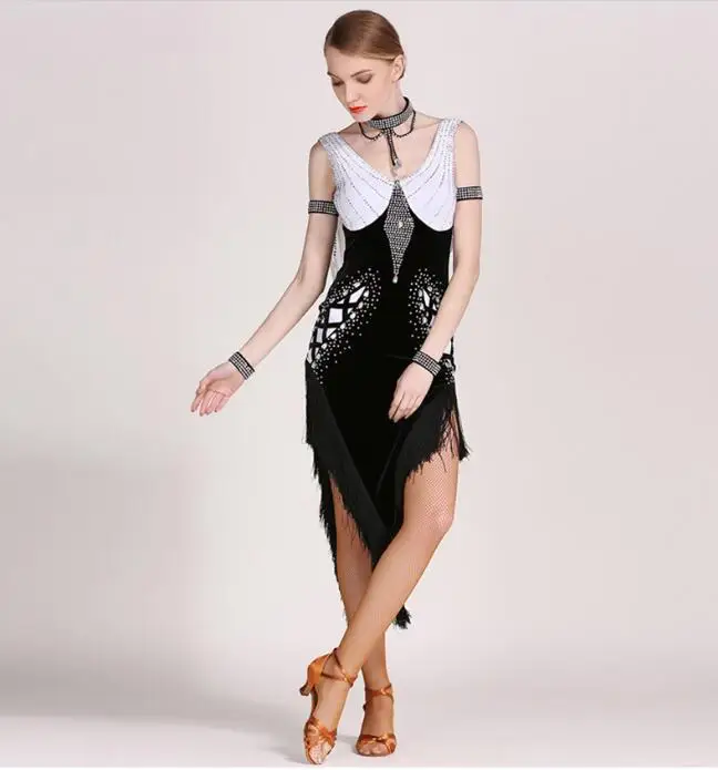 

Роскошное платье для латинских танцев для женщин, сальса для сцены, блестящие стразы с кисточками