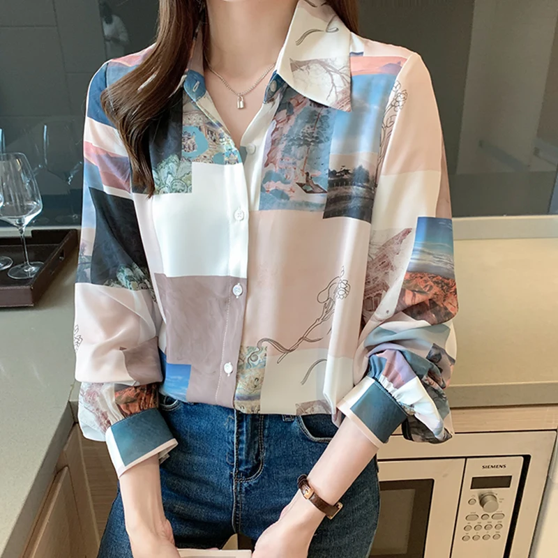 

SURMIITRO Vintage Print Shirt Women 2021 Fashion Spring Autumn Long Sleeve Korean Style Chiffon Blouse Female