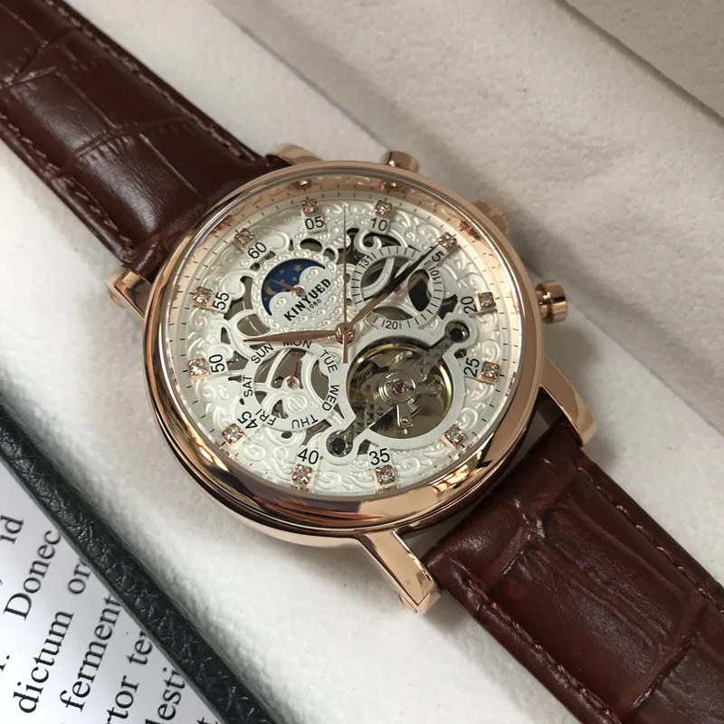 Автоматические часы KINYUED мужские водонепроницаемые механические Sun Moon Phase Tourbillon |
