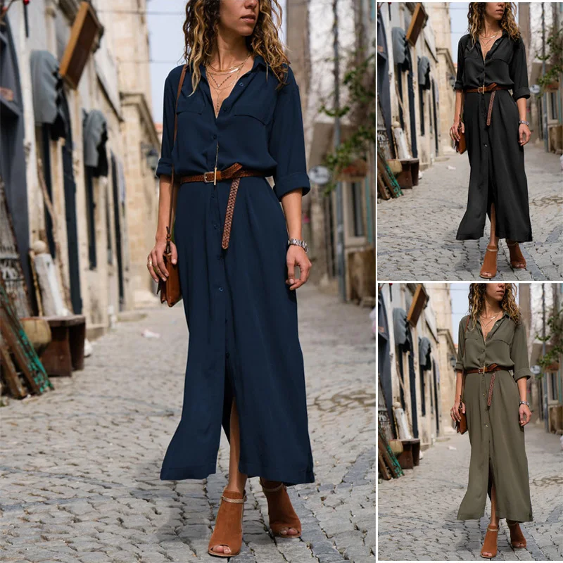 

Fashion Button Long Dress Elegant Women Dresses Casual Work Shirt Dress Plus Size Pocket Loose Black Dresses Women Long Sleeves