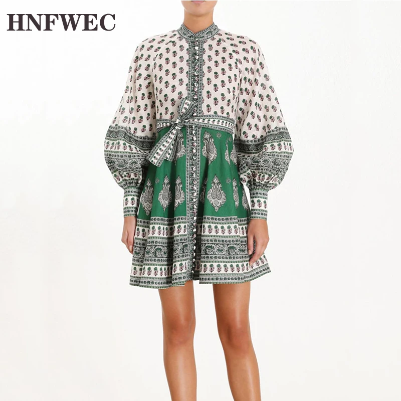 Винтажное мини платье с рукавами фонариками и принтом модель 2020 женское милое