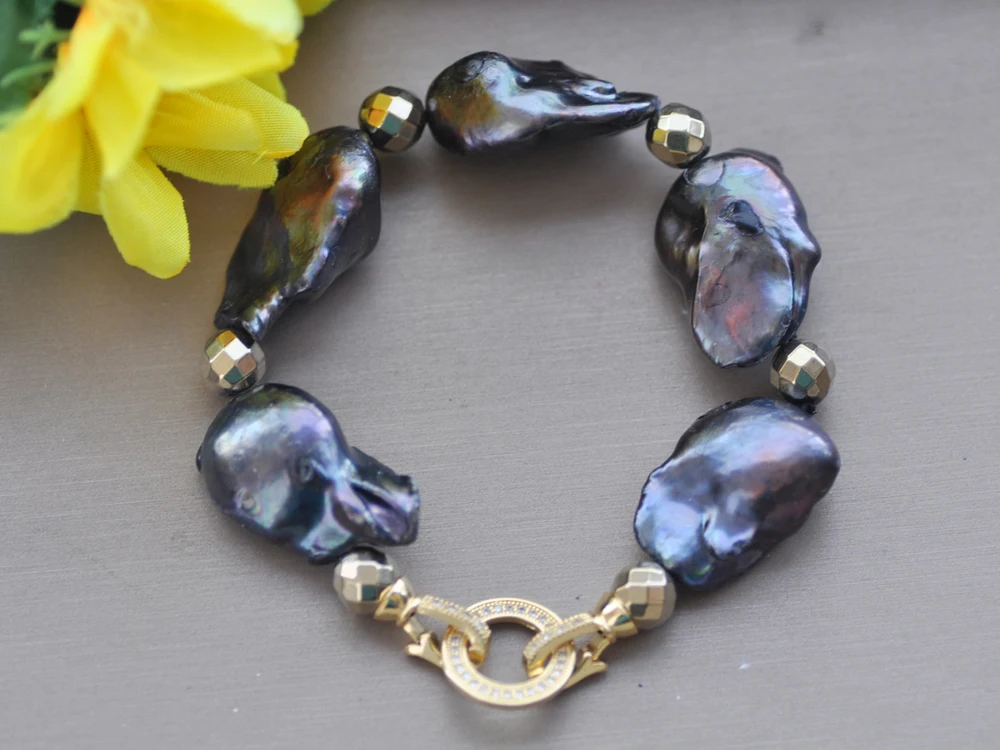 

Z10470 8" 28mm Black Baroque Reborn Keshi Pearl Hematite Bead Bracelet