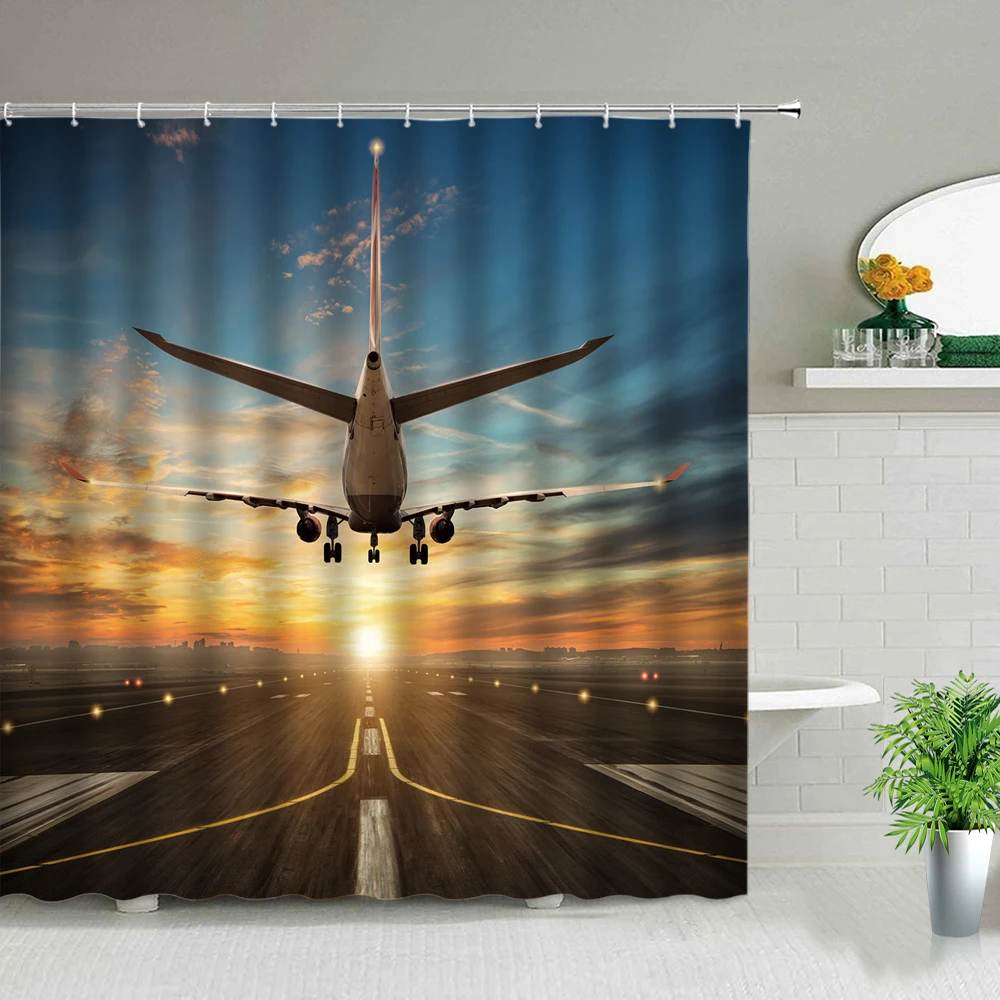 airplane shower curtains natural landscape 3d printing bath curtain set bathroom waterproof fabric bathtub home decor with hooks free global shipping