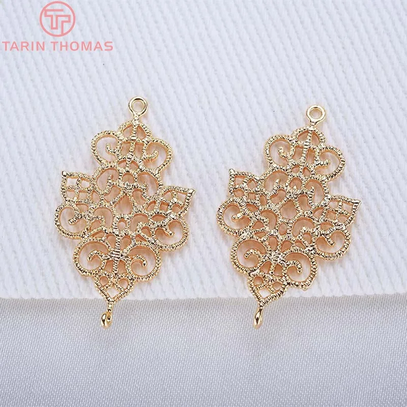 Латунные полые подвески с цветами покрытые 24-каратным золотом 6 шт. 20x33 мм