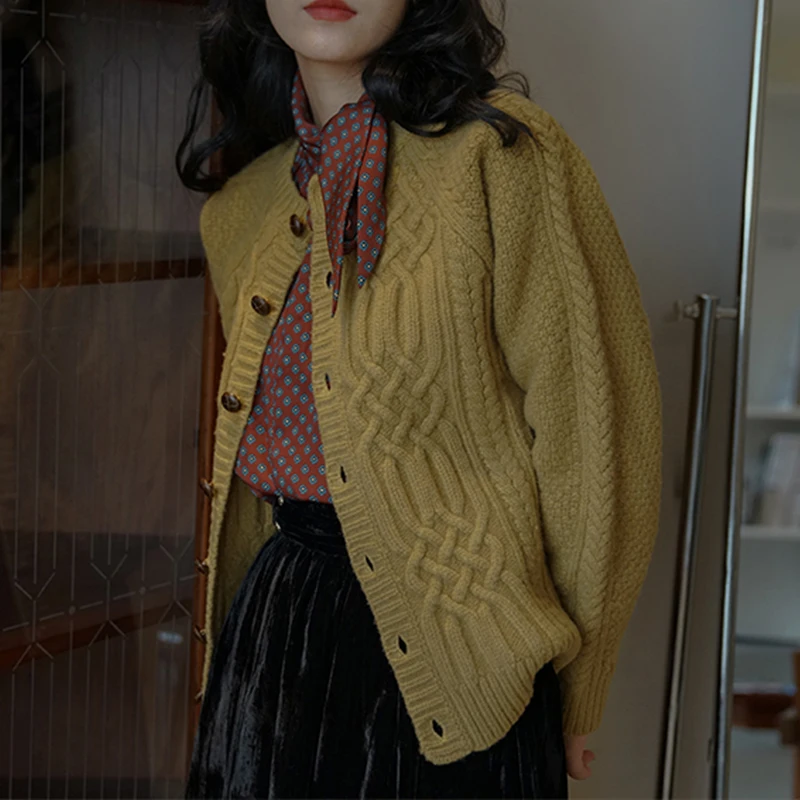 Mustard Yellow Cable-Knit Sweater Coat Women's Inner Wear Spring and Autumn New Style round Neck Knitted Cardigan Top enlarge