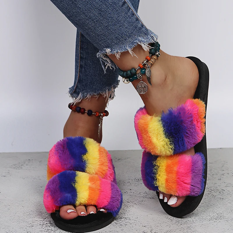 

2021 Winter Home Slippers Women Fluffy Furry Faux Fur Mix Color Two Strap Flat Open Toe Indoor House Shoes Ladies Footwear Cozy