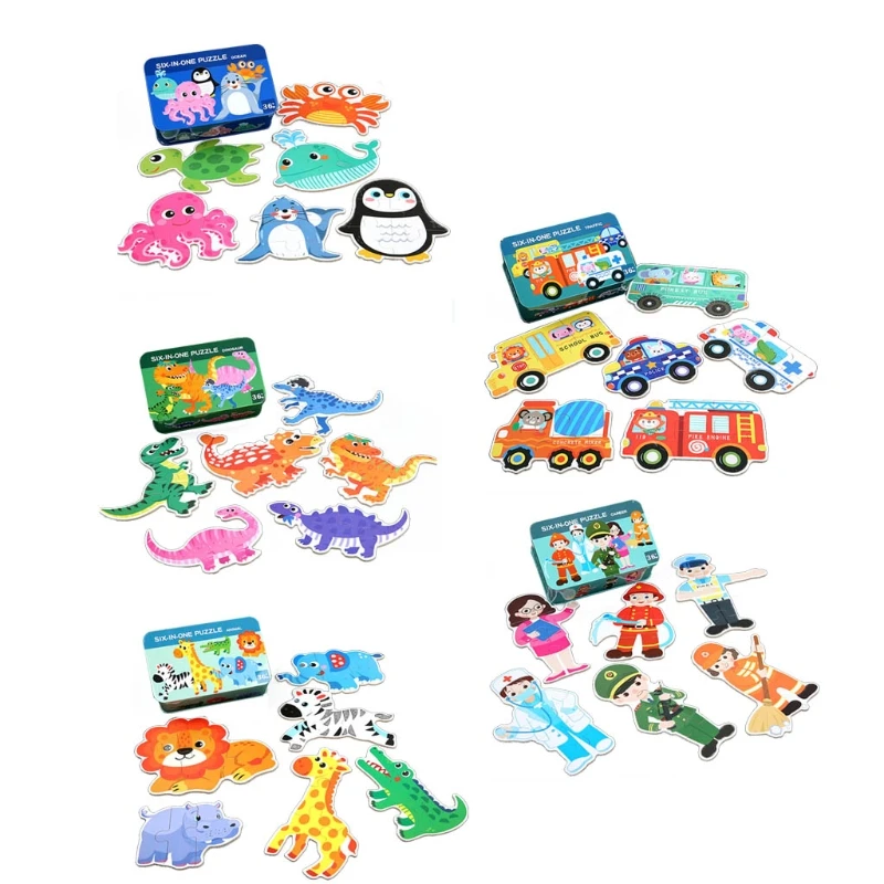 

066B Montessori Puzzlebox Wooden Cartoon Puzzle Thicken Wood Early Learning Toy Tangram Kids 3+ Gift 6pieces Tin Box Packing