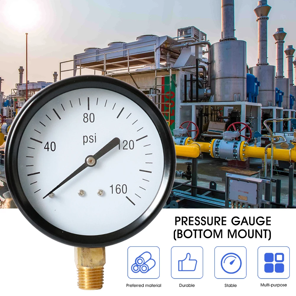 

80mm Dial Pressure Gauge 0-160PSI Bottom Mount 1/4" NPT Male Thread Stainless Steel Case Brass Connector Pressure Meter