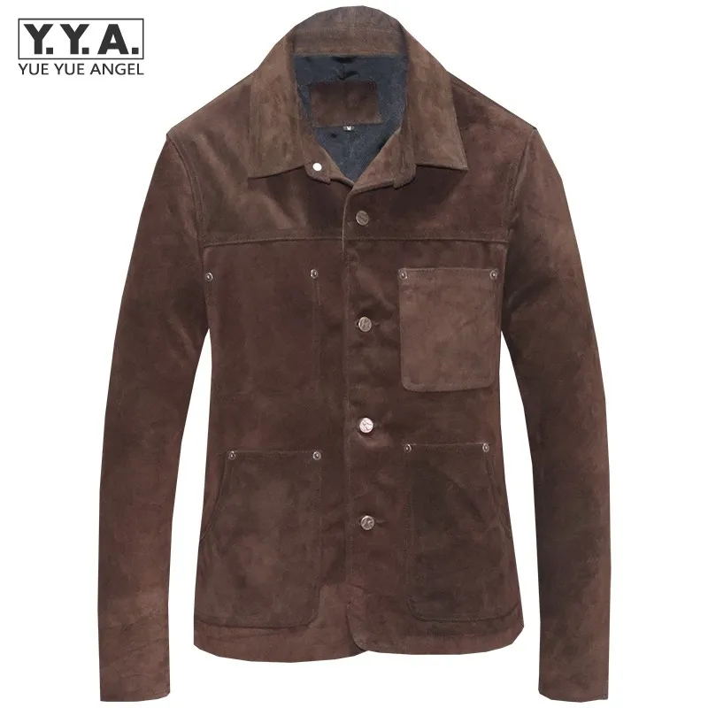 

Vintage Men Cow Suede Leather Jacket Single Breasted Pockets Genuine Leather Cargo Coat Man Slim Fit Casual Lapel Collar Jackets