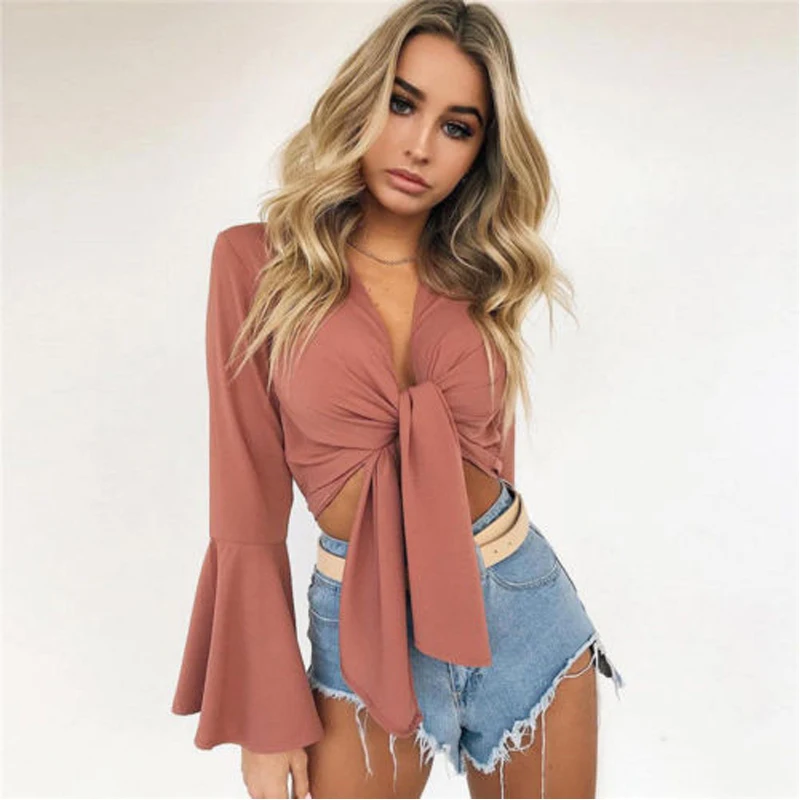 

Solid Slim Bow Tie Front Short Bohe Beach Wear Women V- Neck Long Flare Sleeve Short Blouses Crop Tops