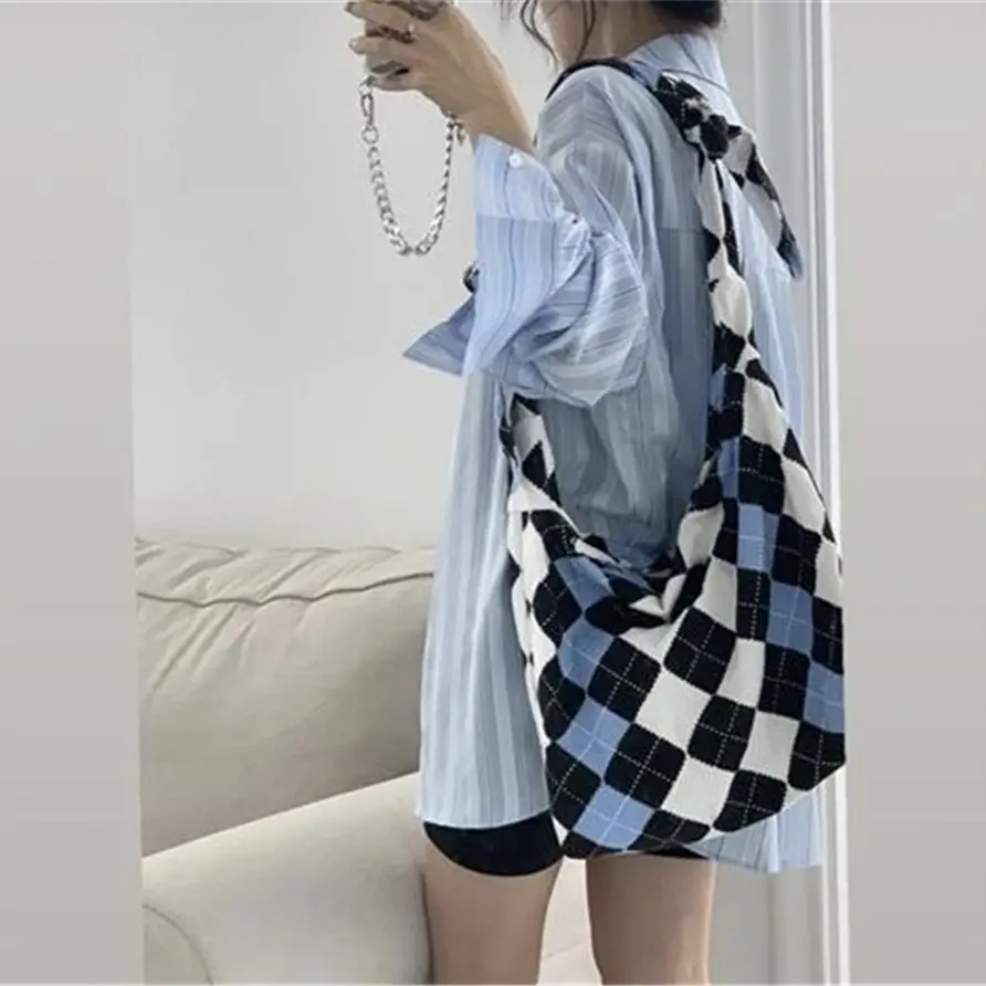 

Canvas Argyle Shoulder Bag High-capacity Women Summer Students Ins Fashion Retro Bandage Cross Body British style 2021 Tote