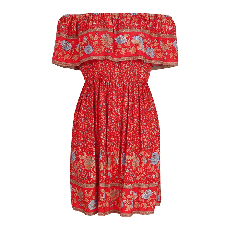 

summer short bohemian dress for women vintage floral print high waist slash neck backess slim A line 2020 female short dresses