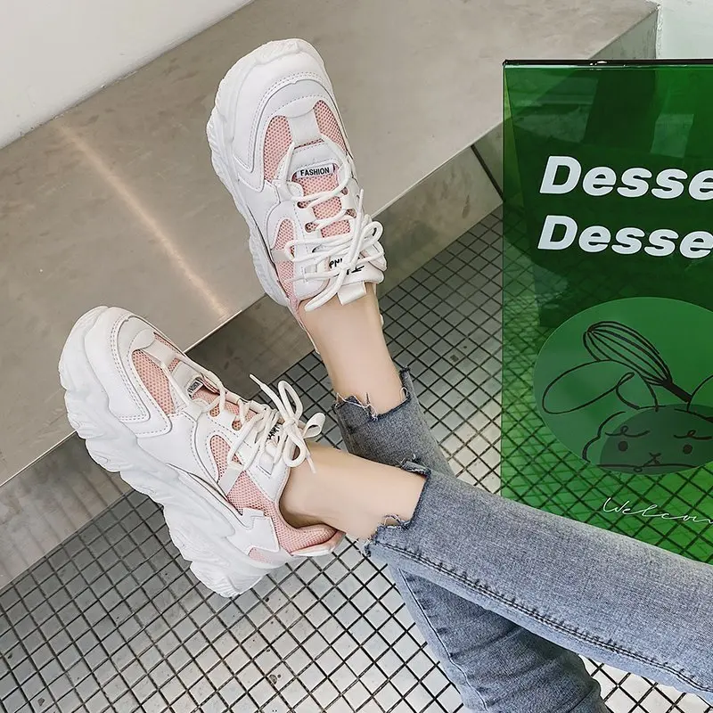 

Women Thick Bottom Daddy Shoe Thick Bottom Round Toe Breathing Vulcanized Shoes 2021 Casual Summer Flat Women's Sneakers