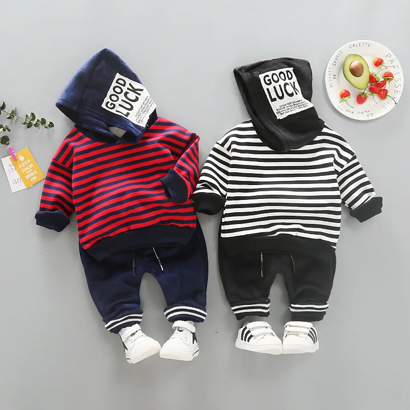 

Toddler Boys Clothes Sets Autumn Winter Children Velvet Warm Kids Girls Fashion Stripes Hooded+Pant 2pcs Outfit Suit