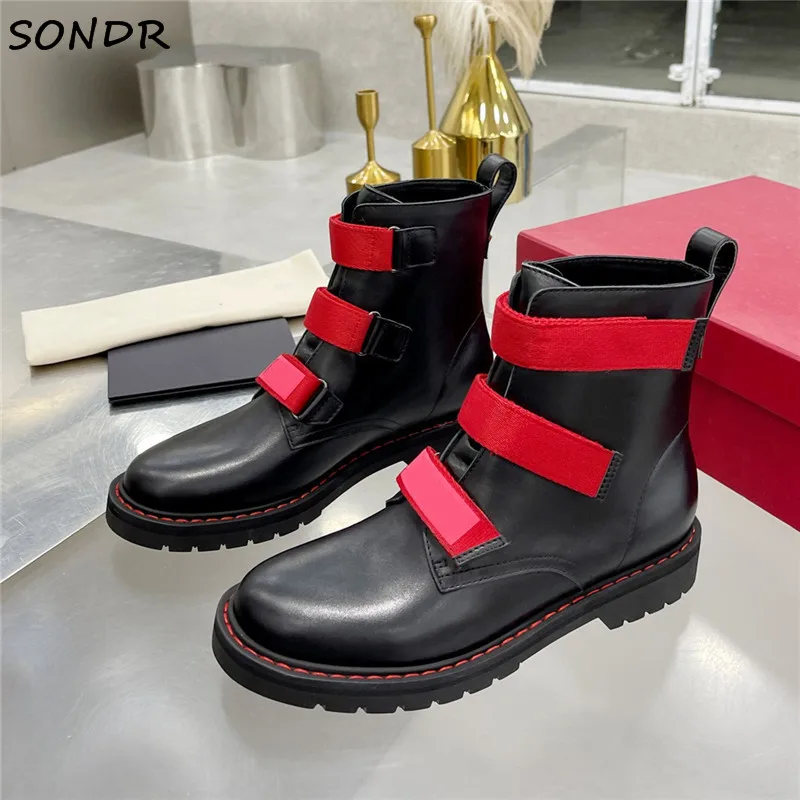 

Punk Style Autumn Rivet Black Women Boots Fashion Leather Round Toe Hook Loop Martin Boots Chunky Heels Casual Shoes Woman 2021