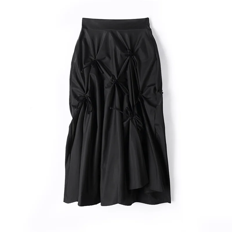 

Yocalor Bow Knot Skirts Women Solid Korean High Waist A Line Jupe Femme Summer 2020 Loose Casual Chic Mid Calf Lady Skirts