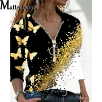2021 autumn long sleeve oversized t shirt women sexy v neck zipper butterfly print t shirts casual loose ladies street tops tees