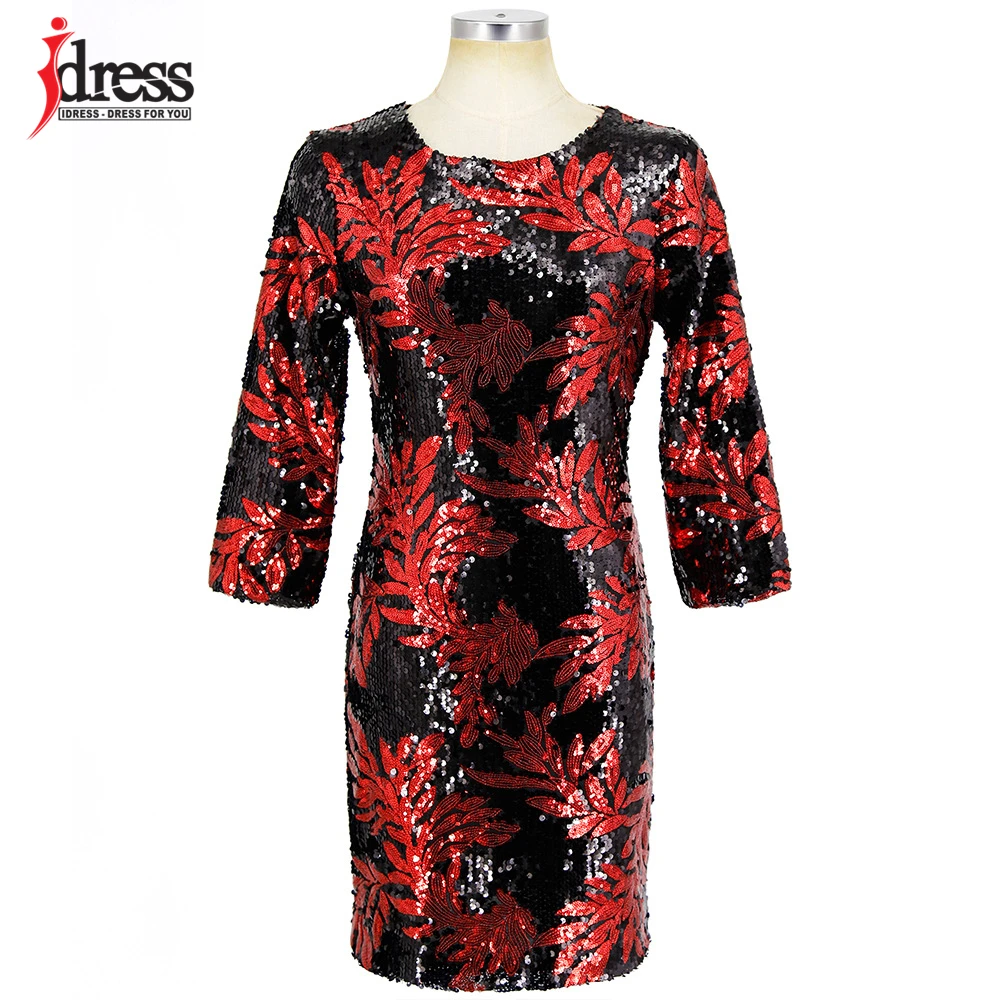 IDress/Модная одежда; ; облегающее платье до колена с длинными рукавами и круглым вырезом; вечерние Клубные платья с пайетками в стиле пэчворк с зелеными листьями