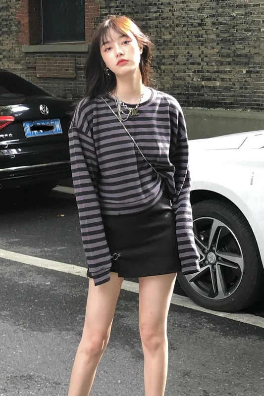 

Осенняя одежда Real Shot в стиле ретро подходящая ко всему полосатая бежевая цветная шерстяная ленивая