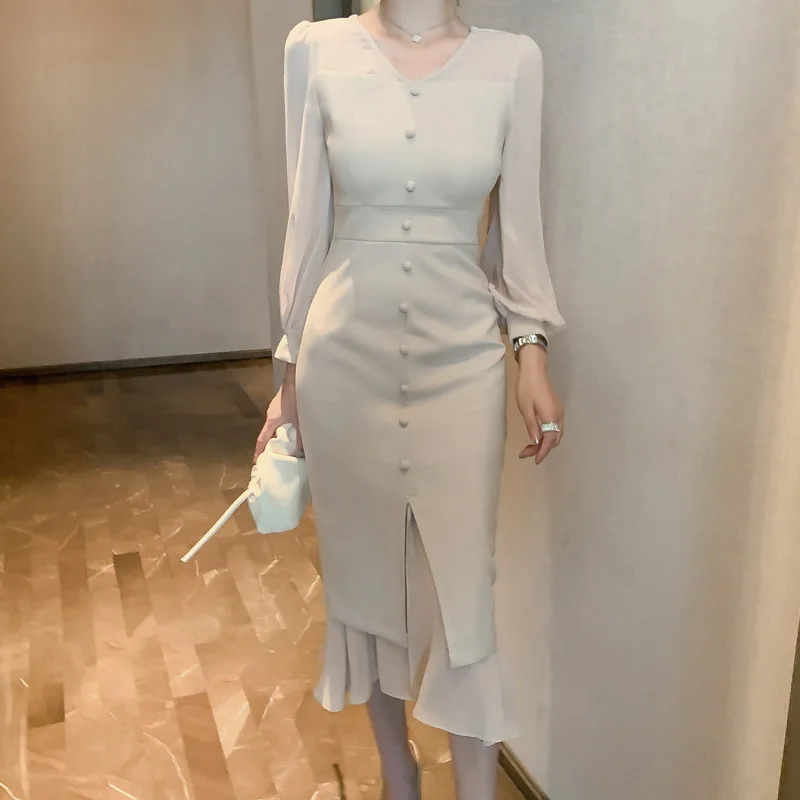 2020 весеннее элегантное шифоновое платье с v-образным вырезом и пышными рукавами в