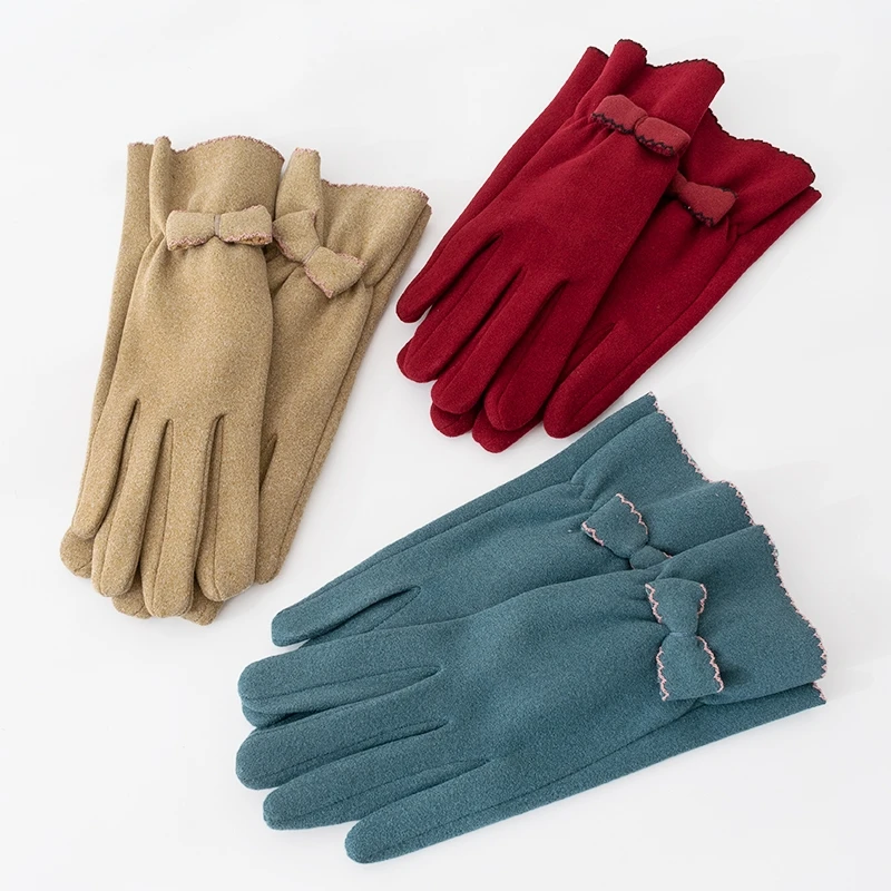 

Korean Solid Color Bow Full Finger Touch Screen Driving Gloves Women's Winter Plus Velvet Outdoor Riding Cold Warm Mittens S65