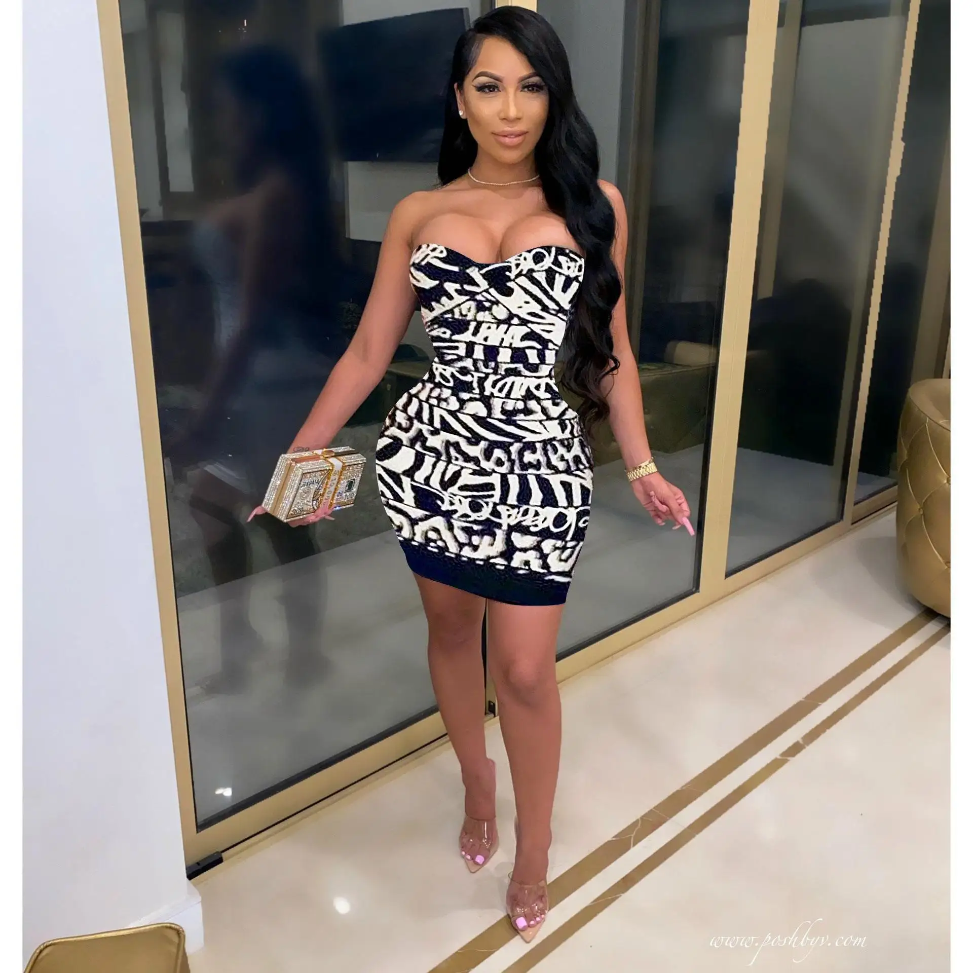

Spring/Summer 2021 Sexy New Nightclub Fashion Print Strapless Dress With Hip Wrap MQ2322