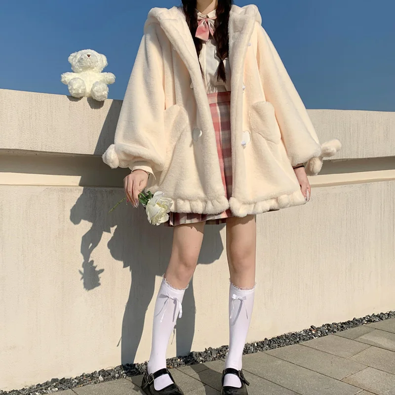 Japanese Kawaii Girl Jk Faux Fur Teddy Coat Cute Bear Ears Lolita Jacket Women Winter Thickened Lantern Sleeve Female Plush Coat