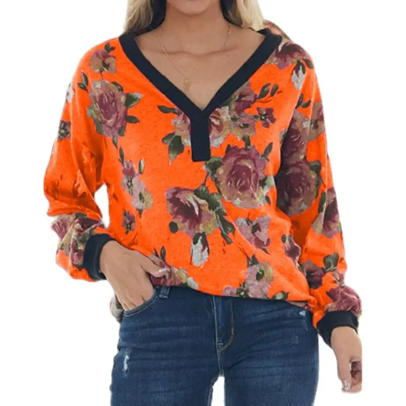 

Women Loose Printed Pullover V-Neck Long-Sleeve Top For Autumn New Arrival Fashion Casual Loose Splice Blended Pullovers T-Shirt