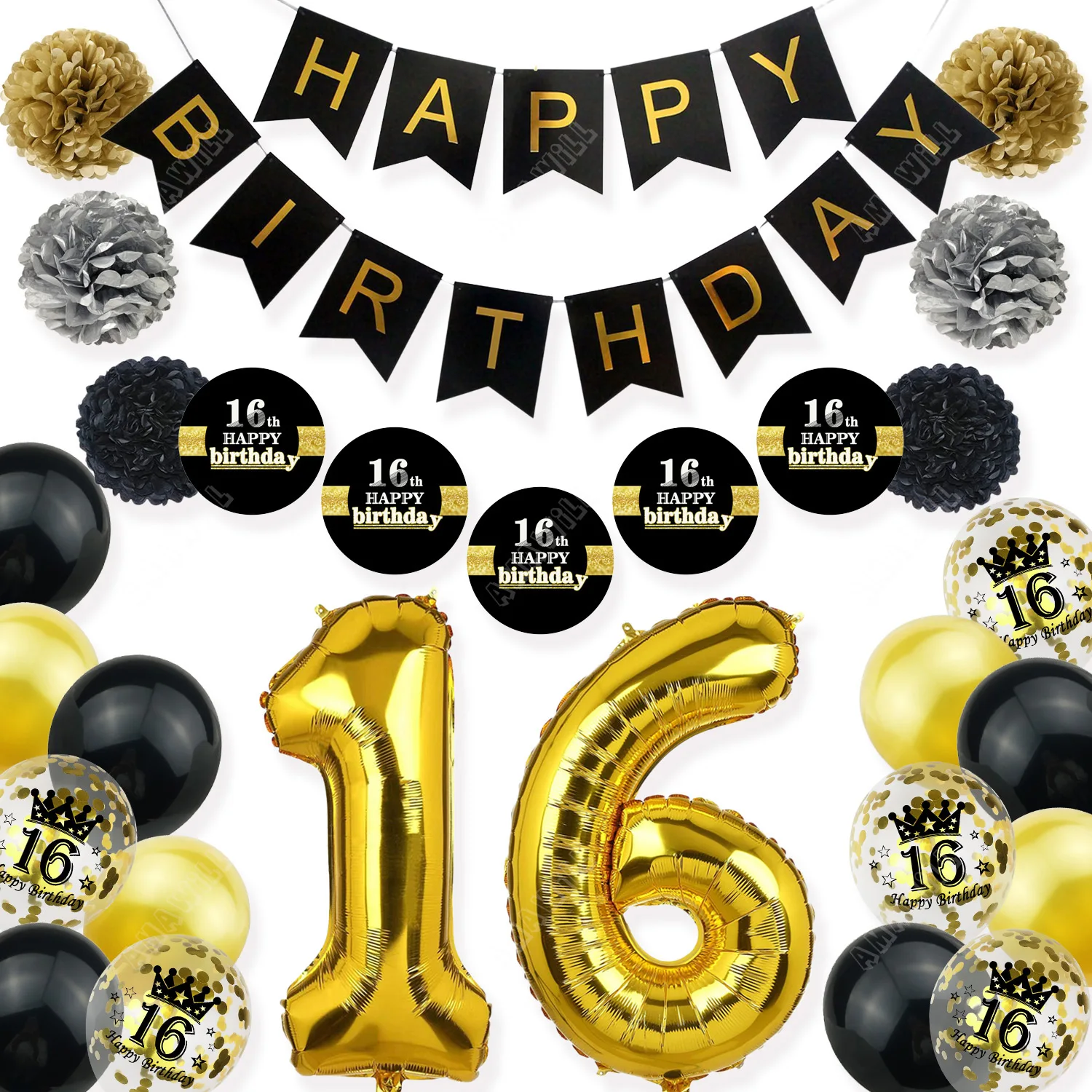 

Amawill Cheers 16 Years Old Party Supplies Gold Number 16 Foil Balloon Paper Banner Happy 16th Birthday Party Decoration Kit