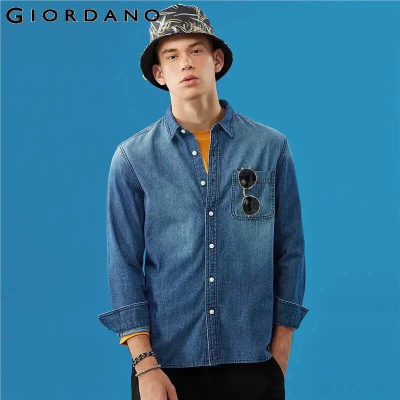 Giordano приталенная Мужская рубашка из джинсовой ткани с длинными рукавами Camisa Masculina, на пуговицах спереди, с отложным воротником, Chemise Homme 01049890