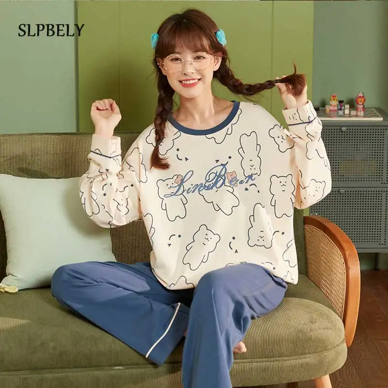 

SLPBELY Autumn Women Pajamas Set Lovely Cartoon Nightwear Nightsuit Cute Long Sleeve Leisure Sleepwear for Women Loose Homewear