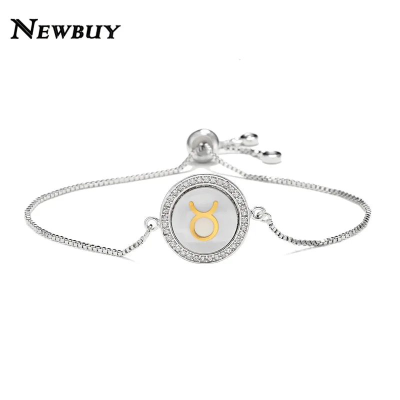 NEWBUY Мода 12 Созвездие шарм браслеты для женщин Девушка Уникальный дизайн оболочки браслет CZ Роскошный Золотой символ знаков зодиака