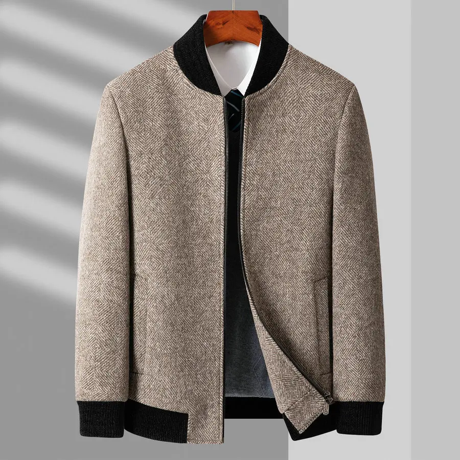 

Зимнее мужское шерстяное пальто из ткани букле, цвета хаки, серый, утепленный, стеганый, куртка-бомбер, шерстяная смесь, твидовая верхняя оде...